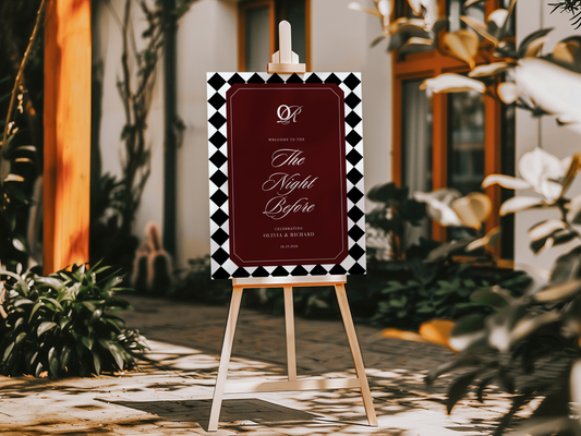 Sinal de Boas-Vindas Jantar de Ensaio - Xadrez Burgundy (Canva Template)