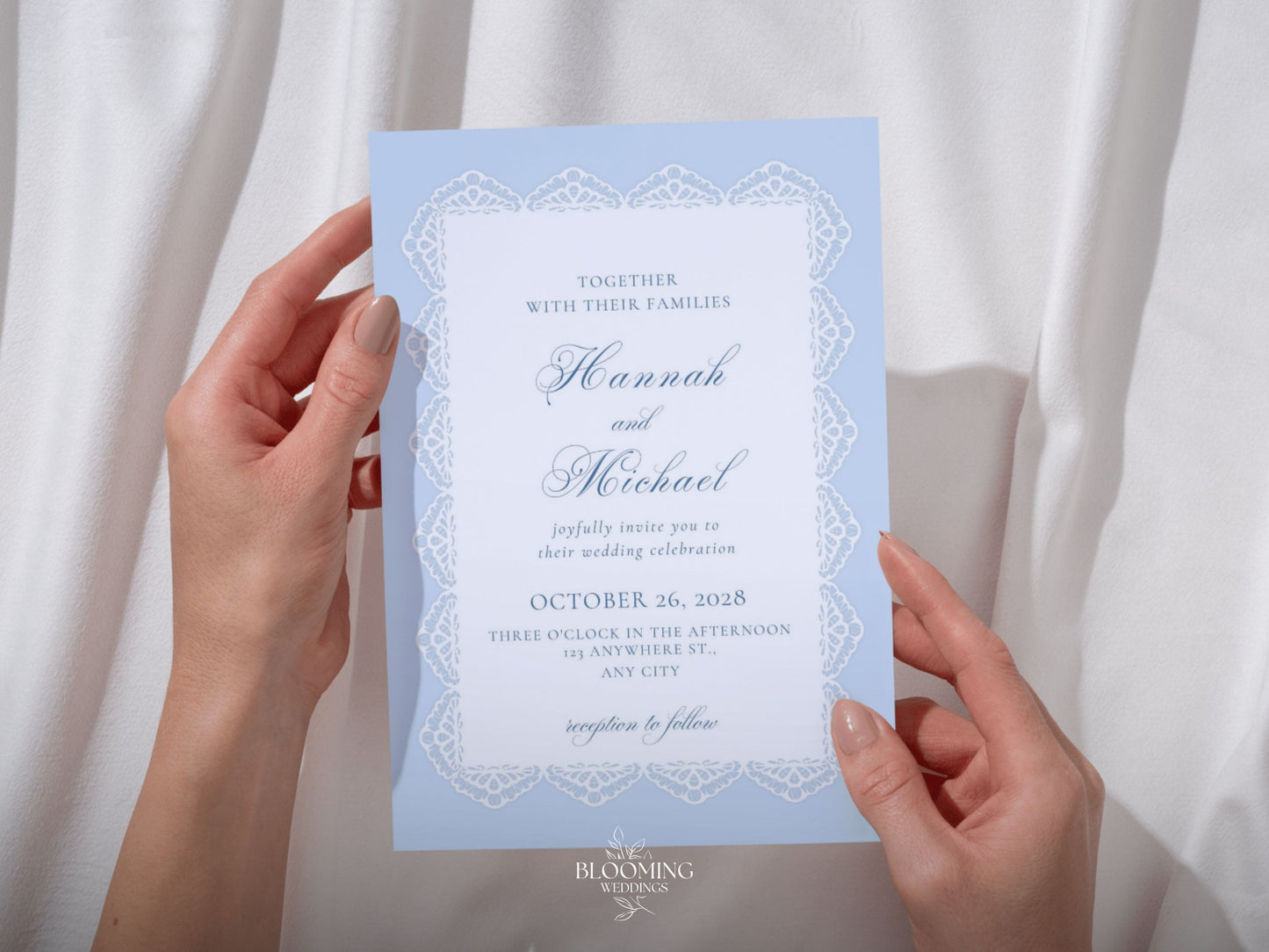 Convite de casamento - renda azul: Canva template