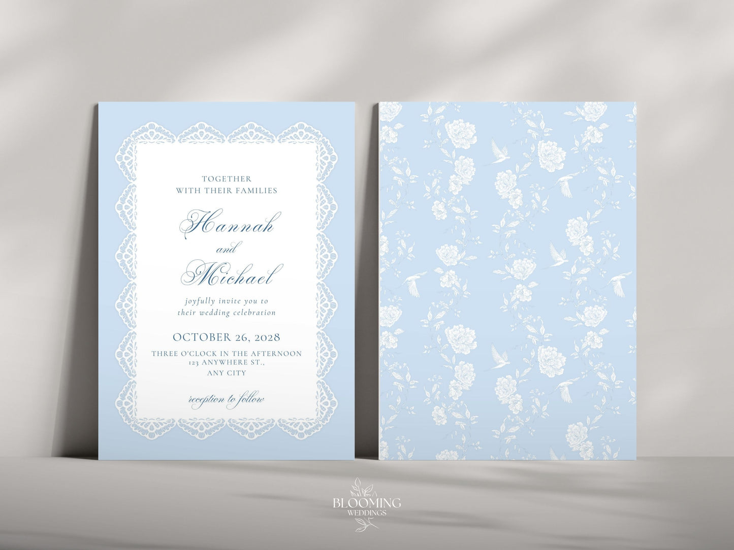 Convite de casamento - renda azul: Canva template
