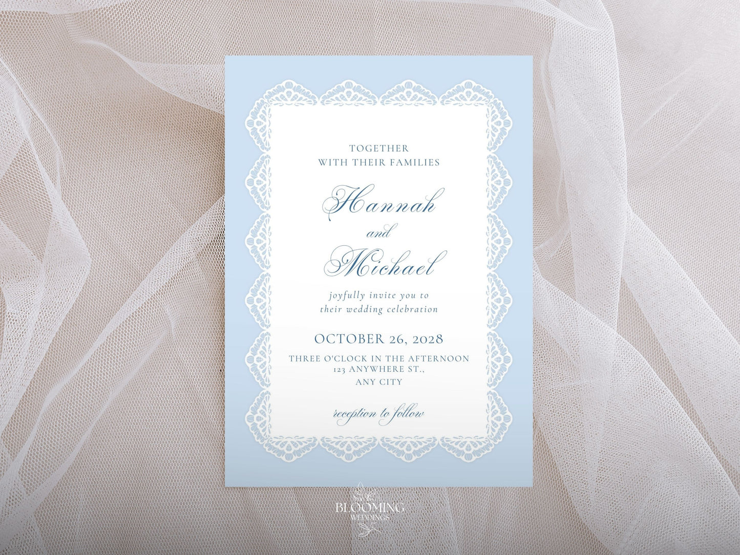 Convite de casamento - renda azul: Canva template