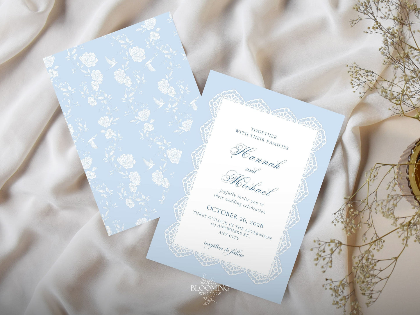 Convite de casamento - renda azul: Canva template