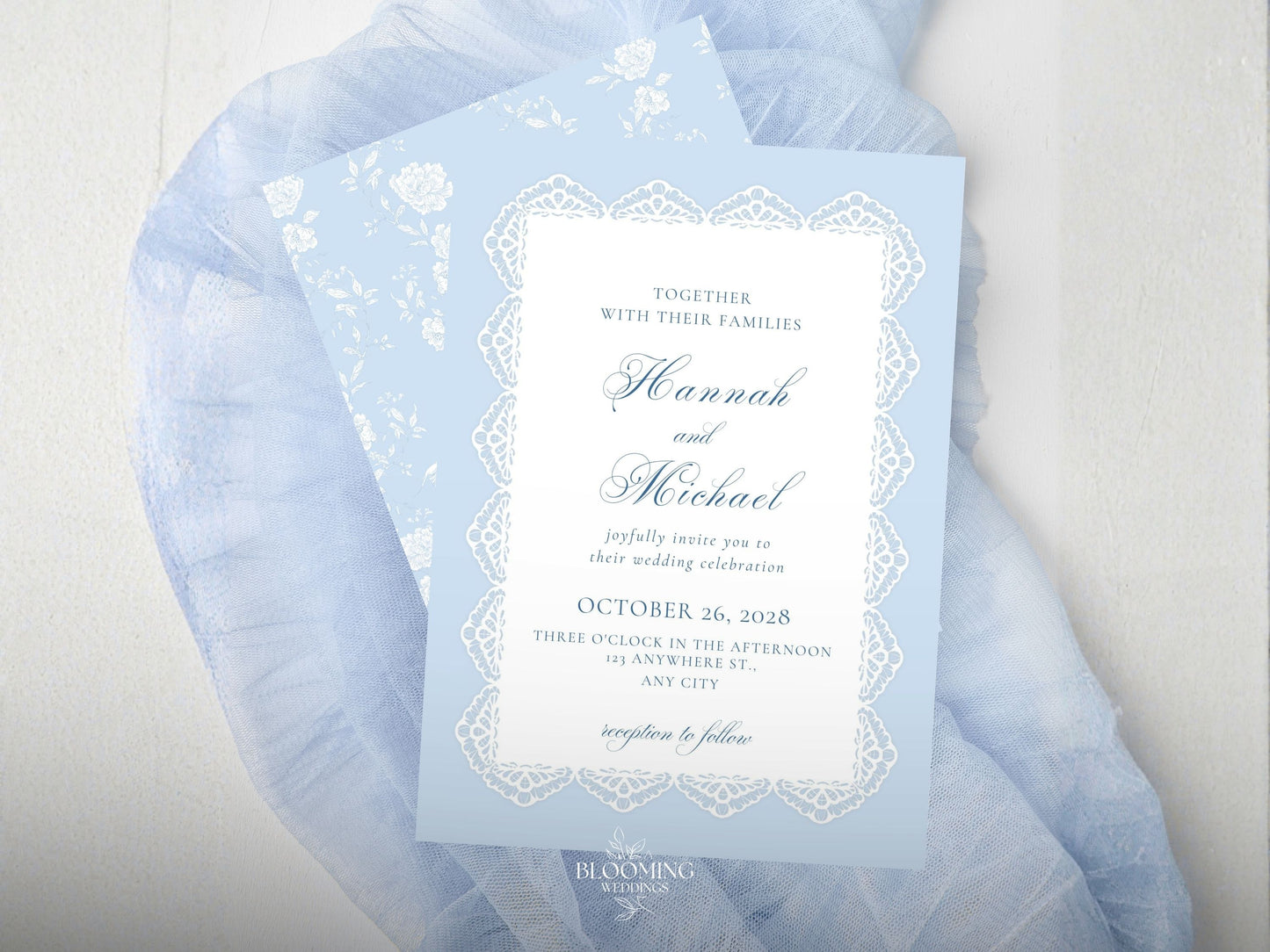 Convite de casamento - renda azul: Canva template