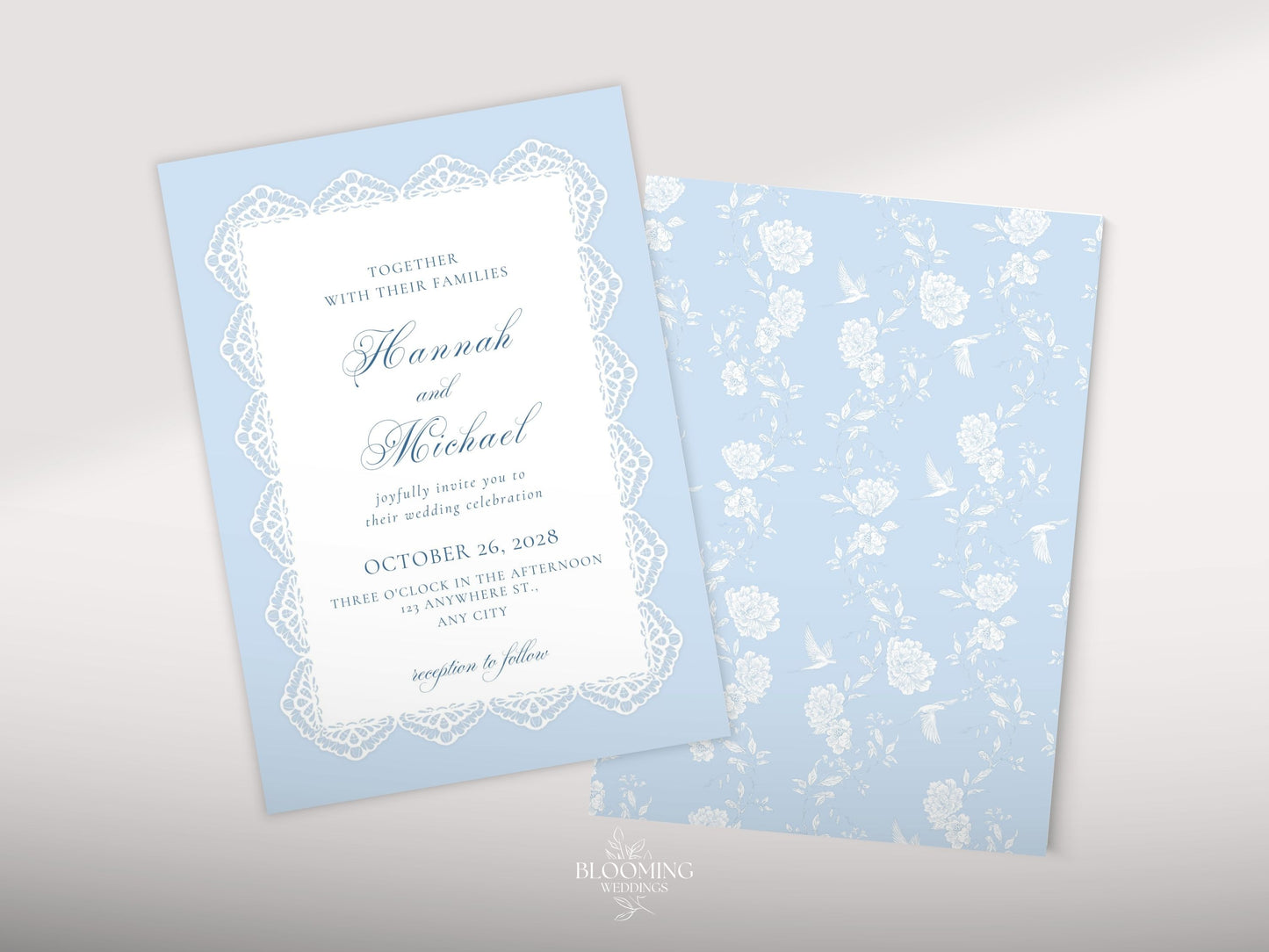 Convite de casamento - renda azul: Canva template