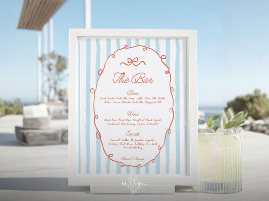 Sinal de Bar Editável, Whimsical Riscas Azuis, Menu Bar Casamento, 8x10" e A4