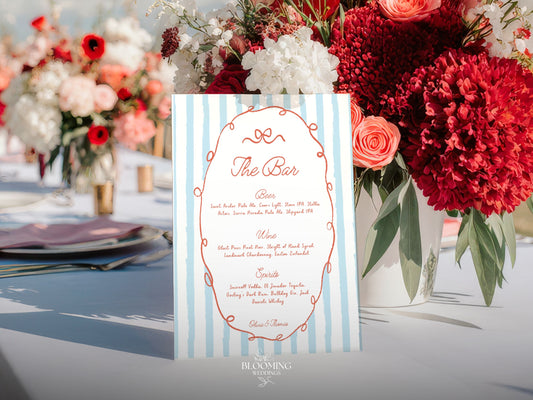 Sinal de Bar Editável, Whimsical Riscas Azuis, Menu Bar Casamento, 8x10" e A4