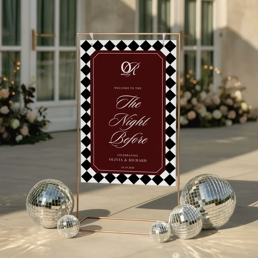 Sinal de Boas-Vindas Jantar de Ensaio - Xadrez Burgundy (Canva Template)
