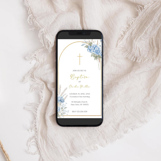 Convite Digital Batismo Floral Editável, Azul, 1080x1920px, Templett, BL55