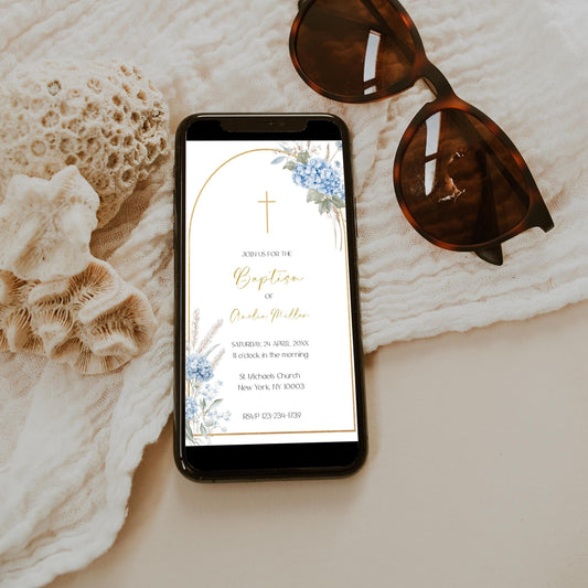Convite Digital Batismo Floral Editável, Azul, 1080x1920px, Templett, BL55