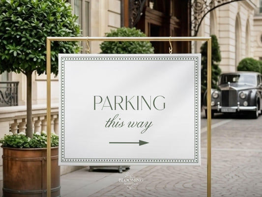 Placa de estacionamento para casamento em verde sálvia, modelo editável, placa direcional, imprimível para casamento com estilo clássico, download instantâneo Templett, BL71