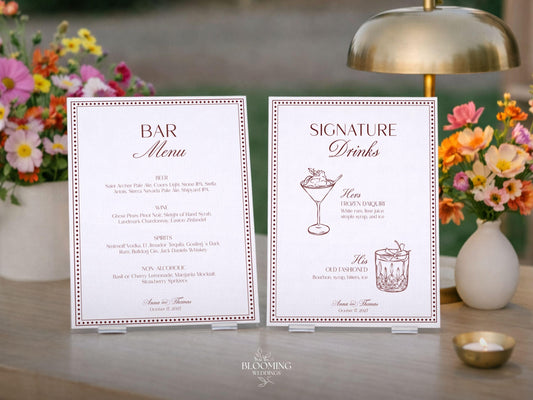 Placa de Bebidas Exclusivas e Modelo de Cardápio de Bar, Coquetéis para Casamento (Para Ele e Para Ela), Cardápio de Bebidas Old Money Red Burgundy, 5x7 8x10, BL72