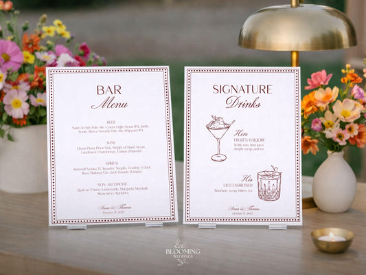 Placa de Bebidas Exclusivas e Modelo de Cardápio de Bar, Coquetéis para Casamento (Para Ele e Para Ela), Cardápio de Bebidas Old Money Red Burgundy, 5x7 8x10, BL72